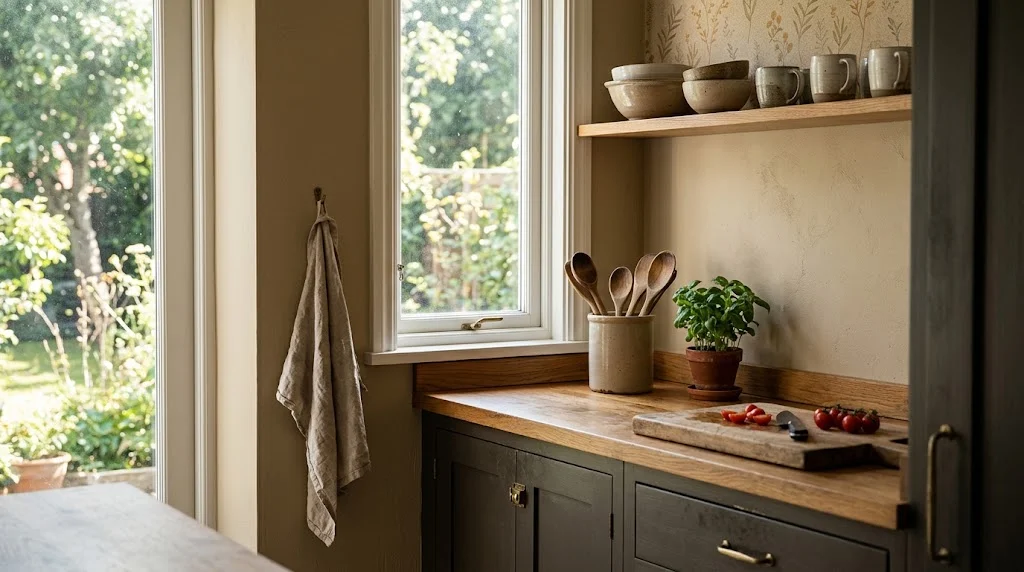 A natural light photograph of a warm, functional kitchen corner featuring khaki walls, a subtle floral wallpaper accent, dark charcoal lower cabinetry, and natural wood countertops with a small basil plant.