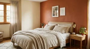 A cozy bedroom featuring a warm terracotta accent wall paired with soft beige tones and natural wooden furniture.