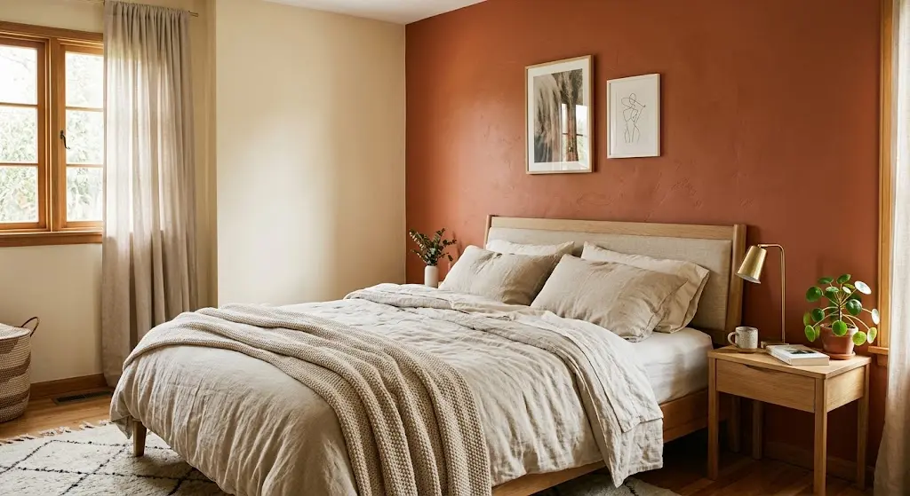 A cozy bedroom featuring a warm terracotta accent wall paired with soft beige tones and natural wooden furniture.