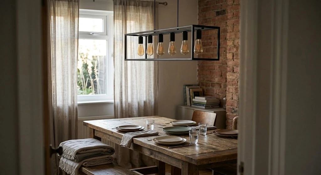 A modern black linear dining room chandelier hangs slightly off-center above a rustic wooden table set for dinner.