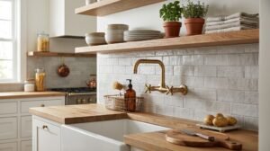 A bright kitchen featuring a wall mounted kitchen faucet installed above a deep sink on a wooden countertop.