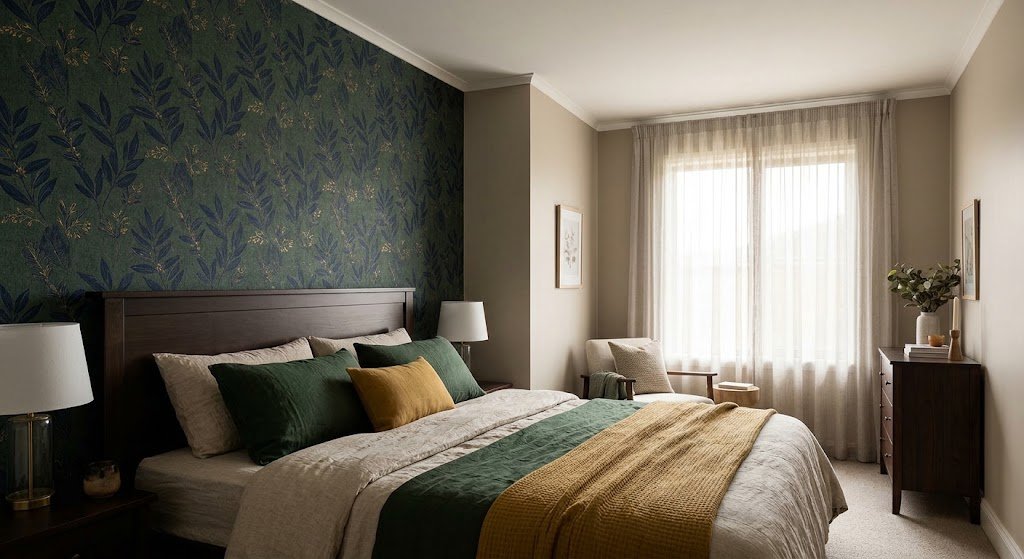 A detailed shot of a bedroom where a green and gold leafy wallpaper behind the bed complements the natural light and modern furniture.