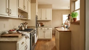 welcoming kitchen with warm neutral wall colors and cream cabinets.