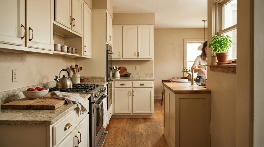 welcoming kitchen with warm neutral wall colors and cream cabinets.