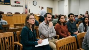 Parents listening during a school board meeting, with background details including an American flag and digital clock.