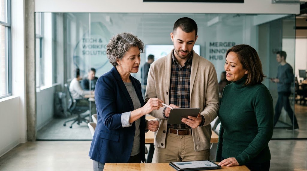 Diverse corporate professionals collaborating over digital tablets in a modern tech office during a workforce merger.