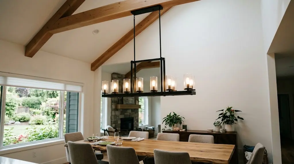A modern linear chandelier for dining room setups hangs from a high vaulted ceiling with extension rods over a long wooden table.