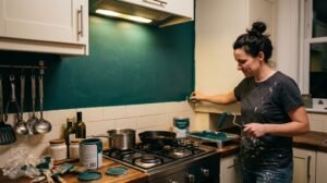 A woman in paint-spattered clothes carefully painting a dark green kitchen accent wall behind her stove.