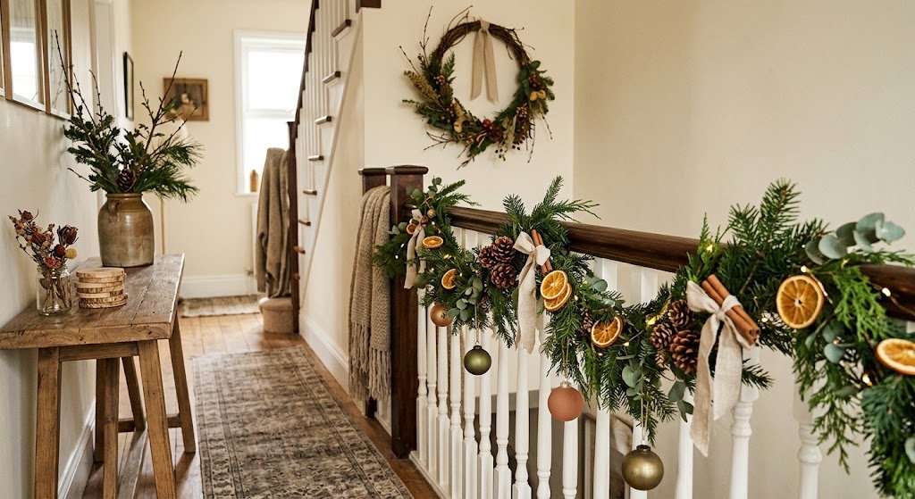 A home hallway banister decorated with natural evergreen garland, dried orange slices, pinecones, matte ornaments, and unbleached linen ribbons.