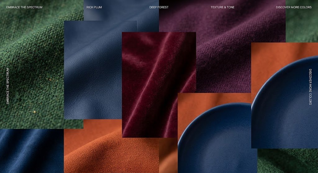 A collage of rich material swatches including deep green knit, navy leather, burgundy velvet, and burnt orange fabric displaying a dark, sophisticated color palette.
