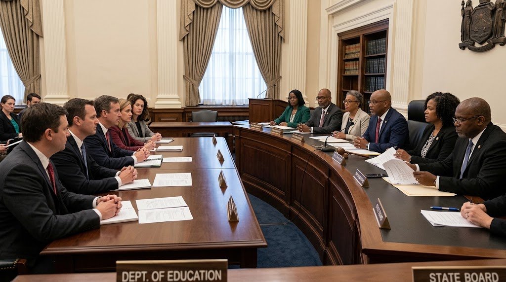 Education department officials meeting across a polished wooden conference table with a state board committee in a formal chamber.