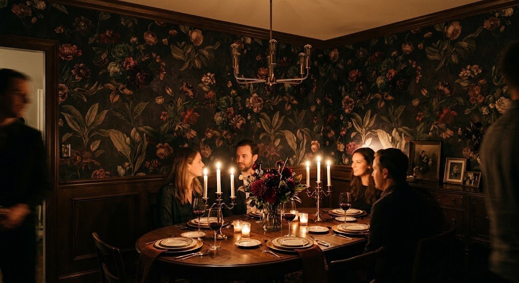 Four people enjoy a formal dinner under the warm glow of candlelight, set against a backdrop of deep, romantic floral wallpaper.