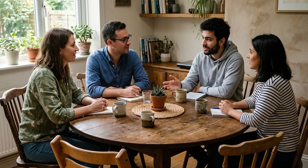 Four friends sit talking with coffee mugs gathered around a round wooden table in a sunlit room.