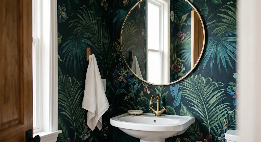 A small powder room featuring dark green botanical wallpaper, a brass-framed round mirror, and a white pedestal sink.