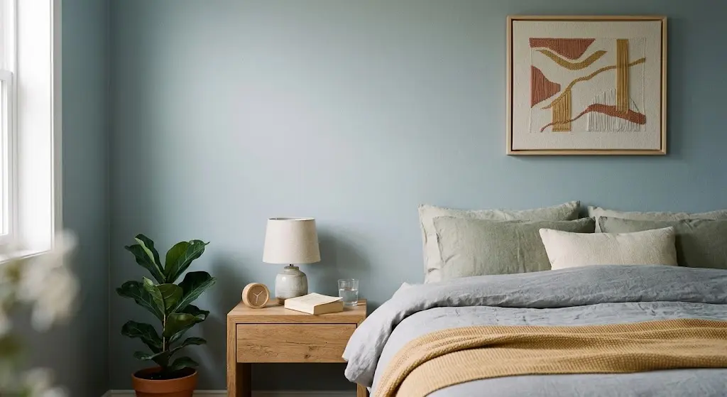A tranquil bedroom with light blue-grey painted walls, soft linen bedding, a oak nightstand with a lamp, and framed geometric wall art.