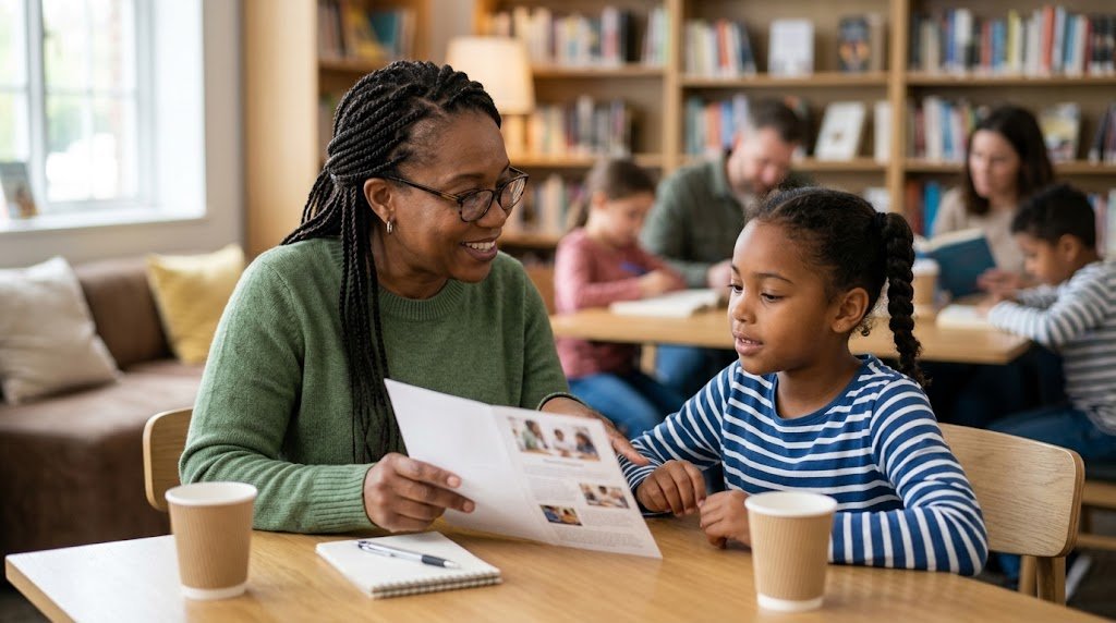 A mother and child reviewing educational choice materials together at a table in a warm library.