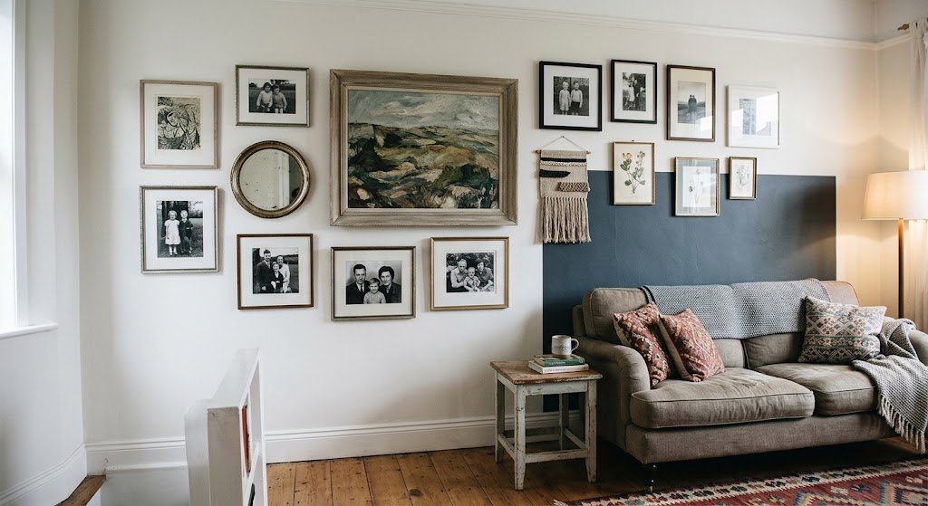 An eclectic gallery wall of vintage frames and woven art fills a large living room wall.