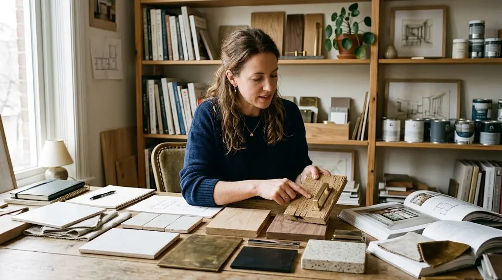A woman with wavy hair holds a textured wood finish sample while sitting at a cluttered wooden table in a brightly lit studio.