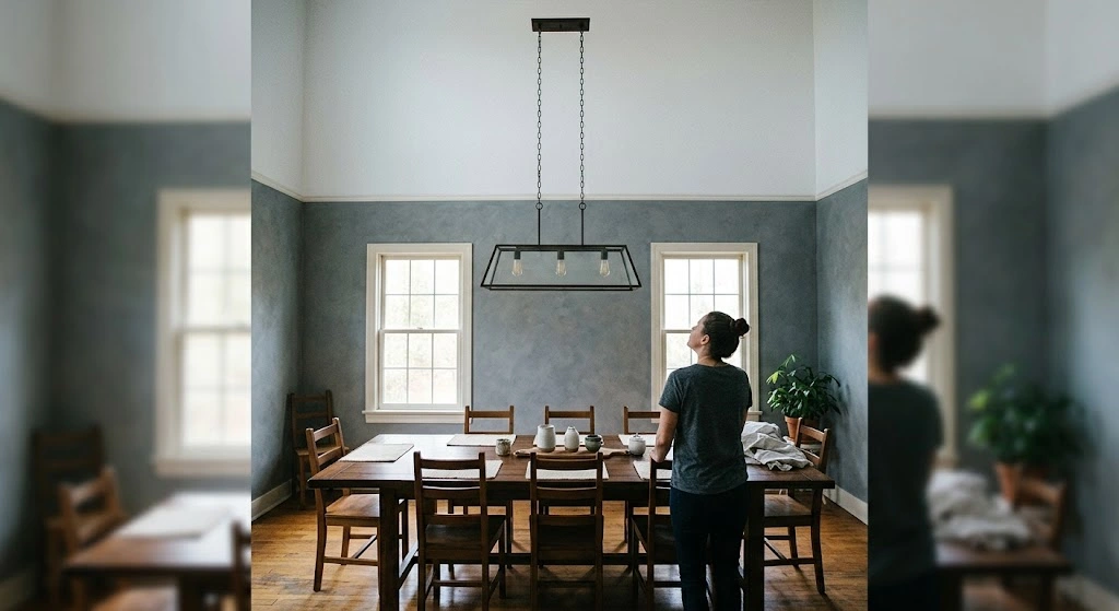 A homeowner looks up at a small black linear chandelier hanging from long chains in a high-ceilinged dining room.
