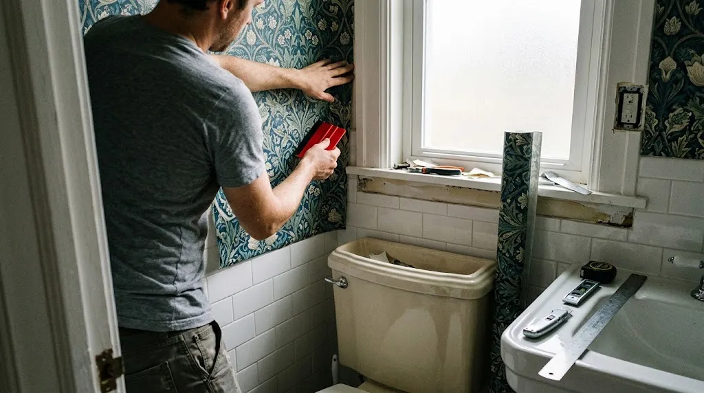 A man carefully smooths wallpaper into the corner of a tight bathroom space behind a toilet.
