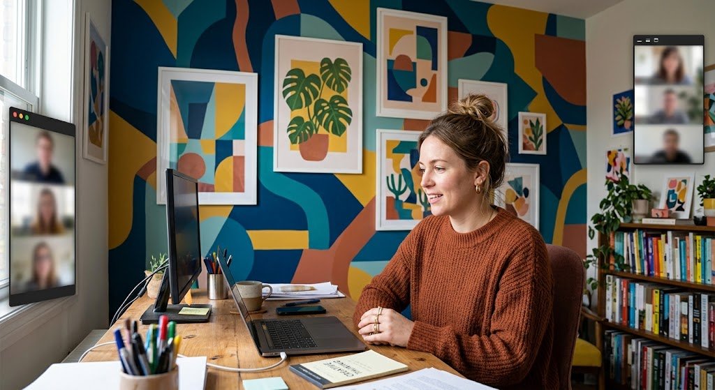 A woman participates in a video conference call from her home office, which features a vibrant geometric mural and an adjacent gallery wall of botanical art.