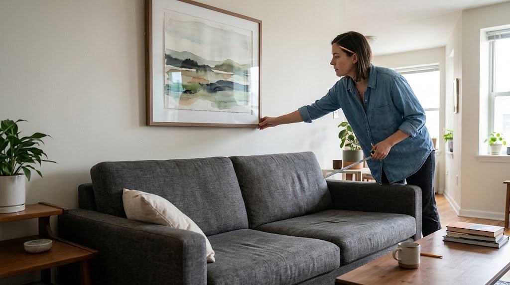 A woman holding a measuring tape adjusts a framed watercolor painting to hang it a few inches above a gray sofa in a brightly lit living room.