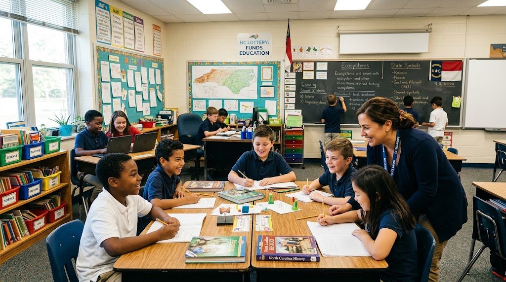 A teacher interacts with students in a well-equipped North Carolina classroom funded by lottery proceeds.