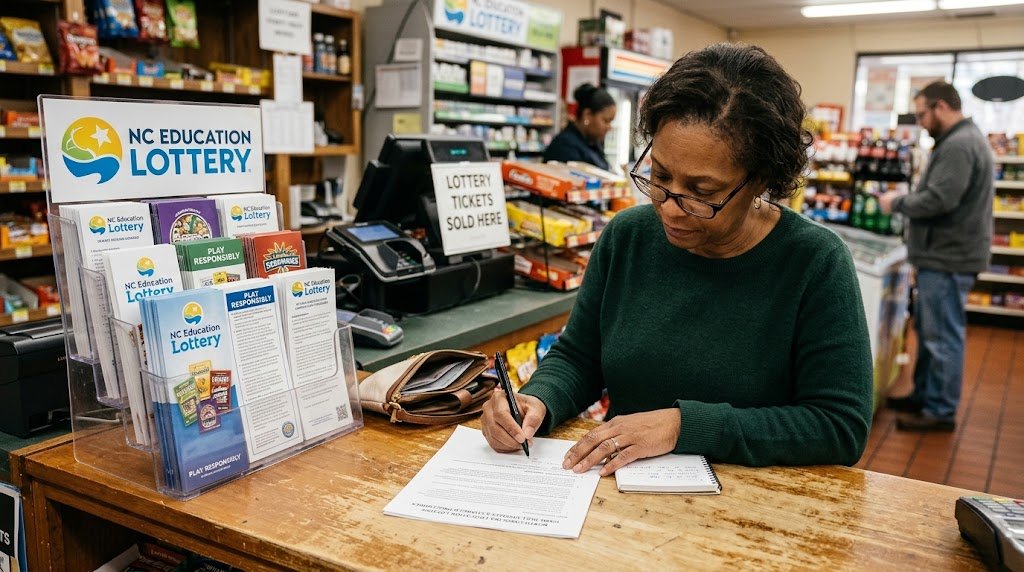A realistic photo of a woman reviewing a document and taking notes at an NC Education Lottery counter.