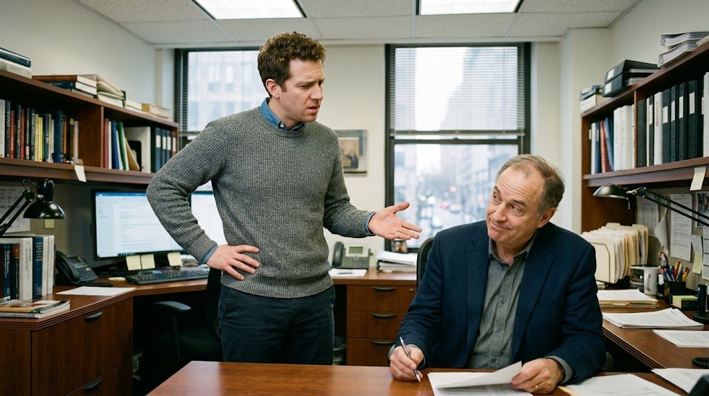 A frustrated man in a grey sweater gestures incredulously at a smiling, unbothered colleague in an office.