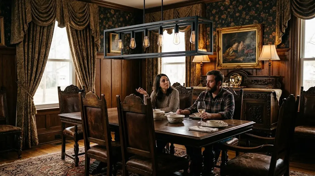 A couple discusses a modern linear chandelier hanging in a traditional dining room.