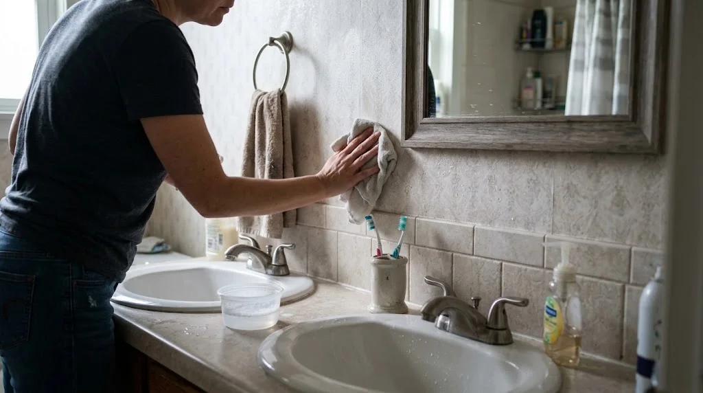 wipes down moisture-resistant wallpaper in a family bathroom.