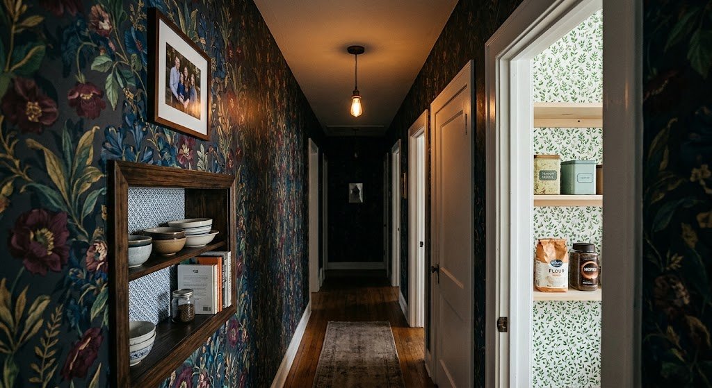A long, dark hallway wrapped in intense floral wallpaper feels dramatic but enclosed, with glimpses into an adjacent bright, patterned pantry.