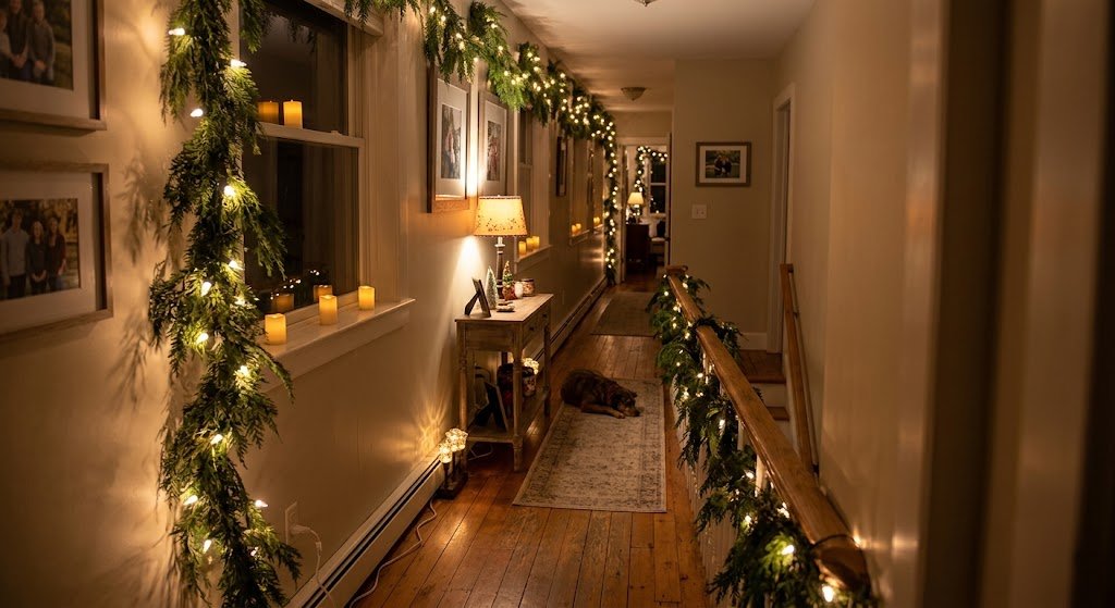 Warm fairy lights woven through evergreen garland illuminate a narrow home hallway decorated for Christmas with flameless candles on the windowsill.