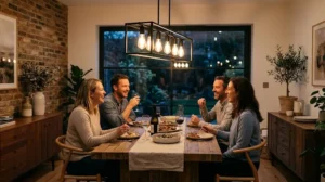 A group of friends sits around a rustic wooden table laughing, illuminated by a black frame linear chandelier for dining room spaces.