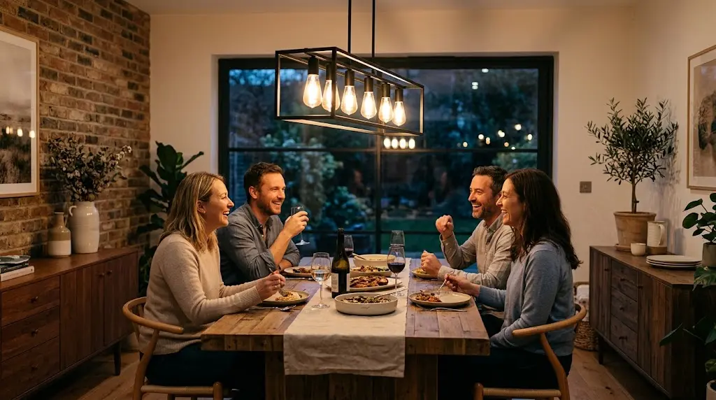 A group of friends sits around a rustic wooden table laughing, illuminated by a black frame linear chandelier for dining room spaces.