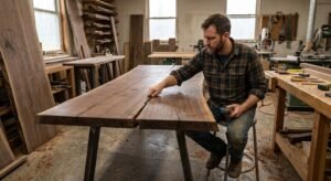 A woodworker inspects a large crack splitting the surface of a live edge walnut dining room table inside his workshop.