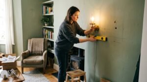 A woman holds a level against her wall while testing living room wall lights during a home installation.