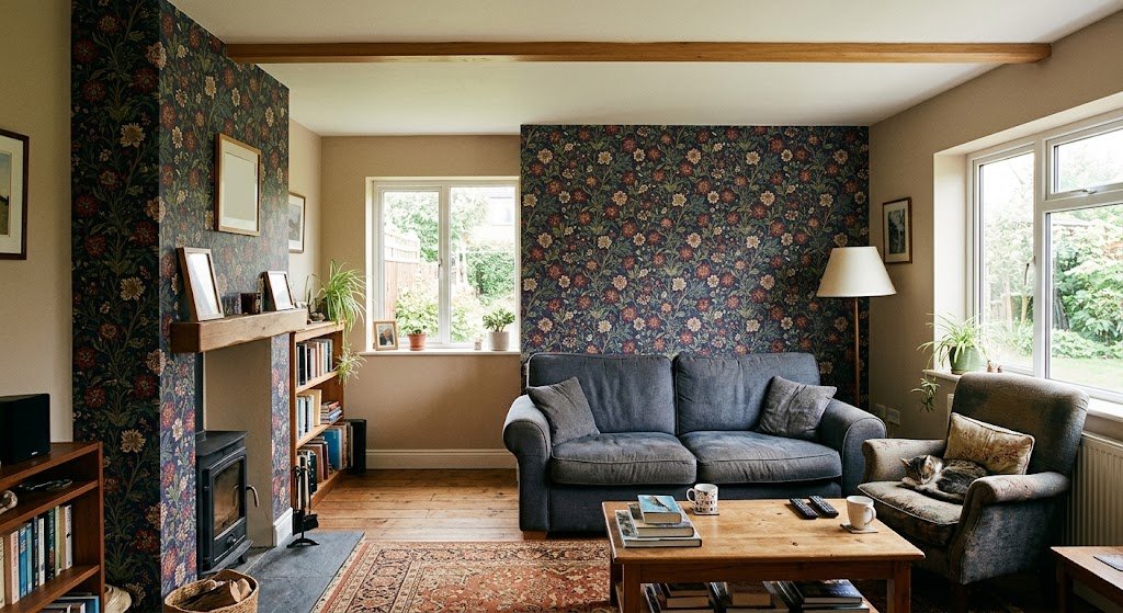 A cozy living room showcases traditional floral wallpaper used as a statement piece behind the sofa and on the chimney breast, alongside natural wood elements.