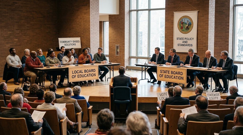A split visual showing a local school board meeting with community members alongside a formal state board session.