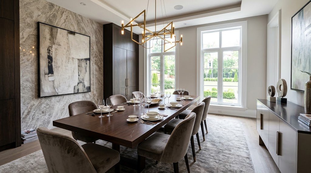 A set table in an elegant, luxury modern dining room design featuring dark wood and brass fixtures.