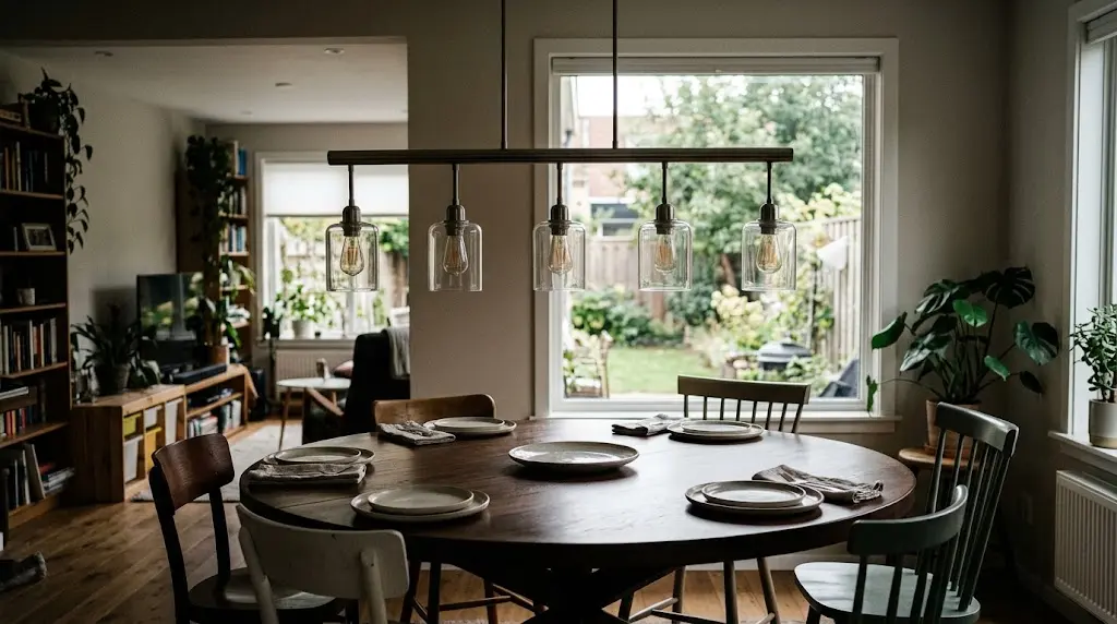 A linear dining room chandelier hanging awkwardly over a round wooden dining table set for dinner.