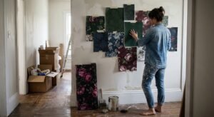A woman in paint-splattered jeans evaluates numerous dark floral wallpaper samples taped to a wall in a room undergoing renovation.