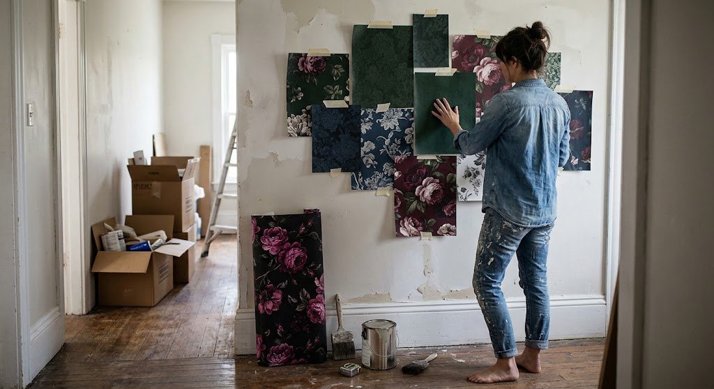 A woman in paint-splattered jeans evaluates numerous dark floral wallpaper samples taped to a wall in a room undergoing renovation.