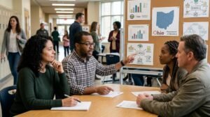 Diverse group of parents reviewing official materials from the Ohio Department of Education regarding school structure, funding, and testing basics, seated in a school hallway.