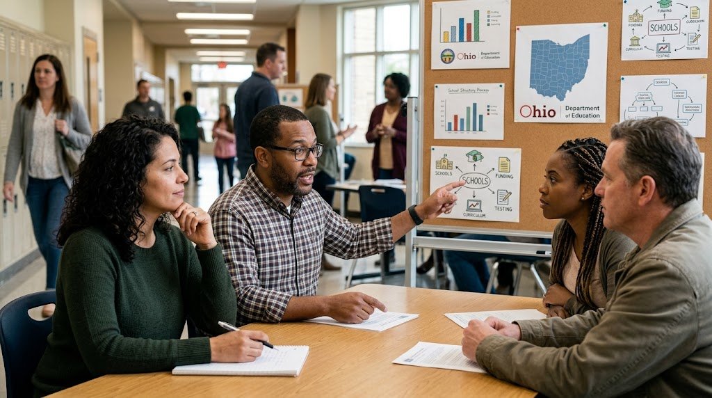 Diverse group of parents reviewing official materials from the Ohio Department of Education regarding school structure, funding, and testing basics, seated in a school hallway.