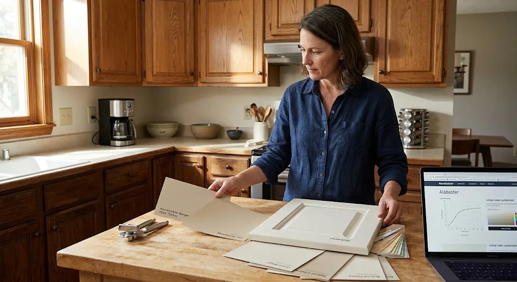 kitchen paint swatches on a wooden island near a laptop displaying color specifications.