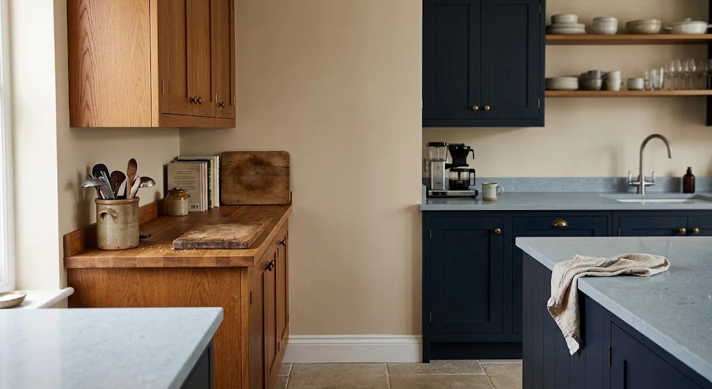 A kitchen featuring wood and dark cabinets against a warm neutral wall.