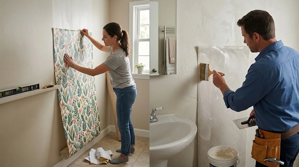 comparing a woman applying patterned peel-and-stick wallpaper and a man brushing paste for traditional wallpaper in a bathroom.