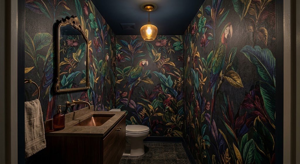 A small powder room makes a big statement with dramatic dark wallpaper covered in colourful parrot and tropical leaf patterns.