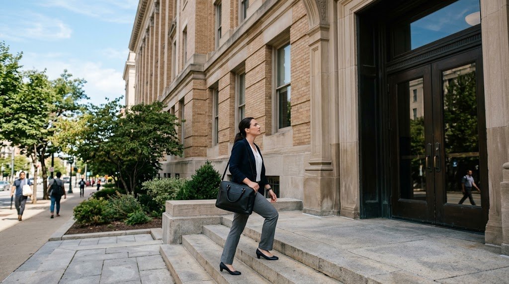 A professional woman carrying a briefcase walks up the stone steps toward the entrance of a government education building.